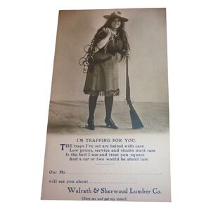 Vintage Walrath & Sherwood Lumber Co Advertising Postcard Female Trapper Rifle
